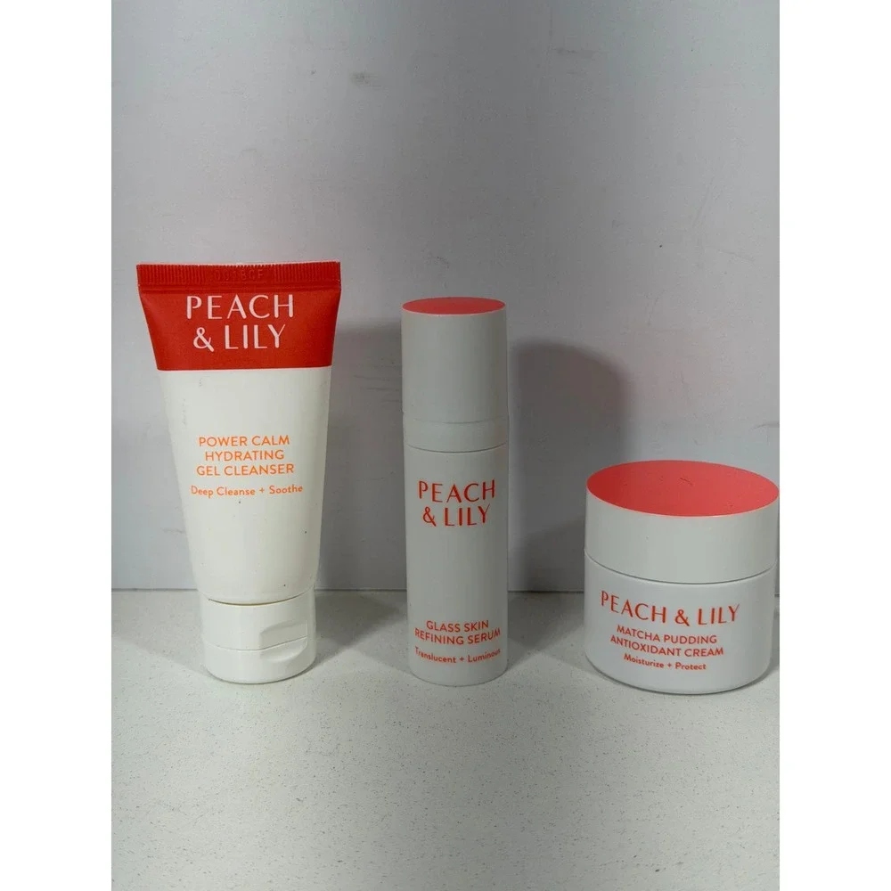 Peach & Lily Skincare Set Cleanser Glass Skin Serum Matcha Pudding Cream Trio